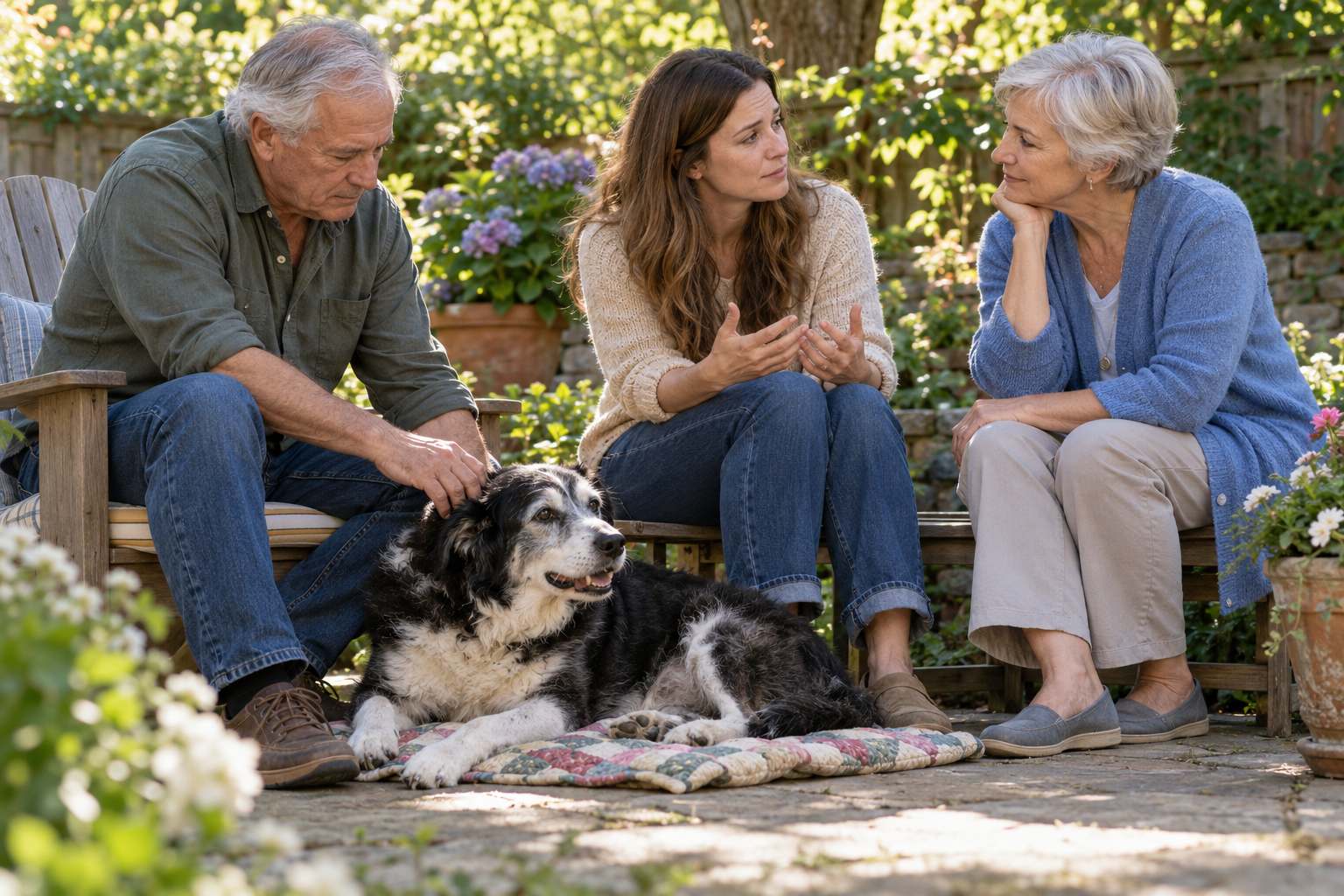 A pet death doula sitting with an older couple and their dog in a peaceful garden
