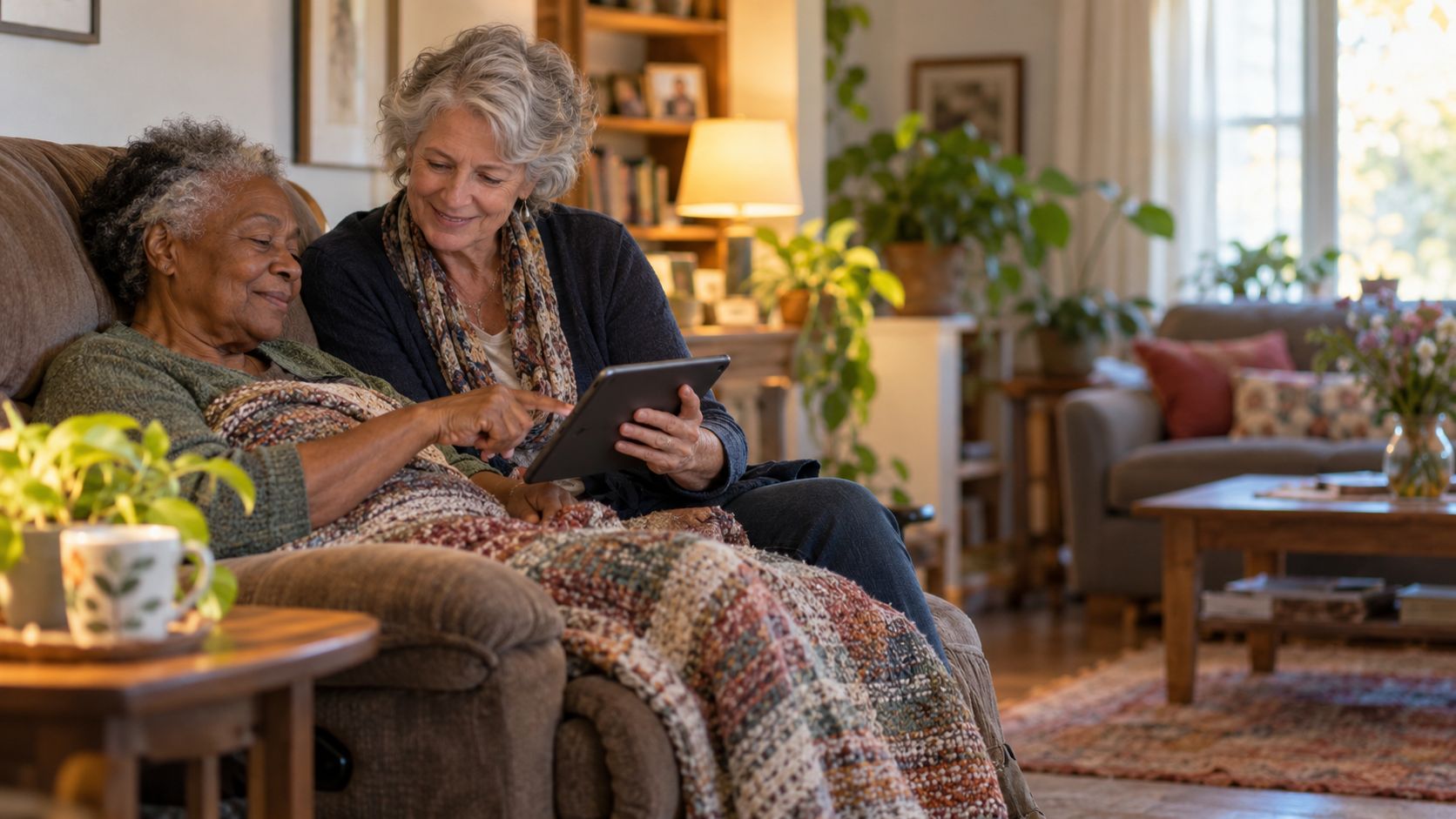 A doula and an older woman sharing music together at home