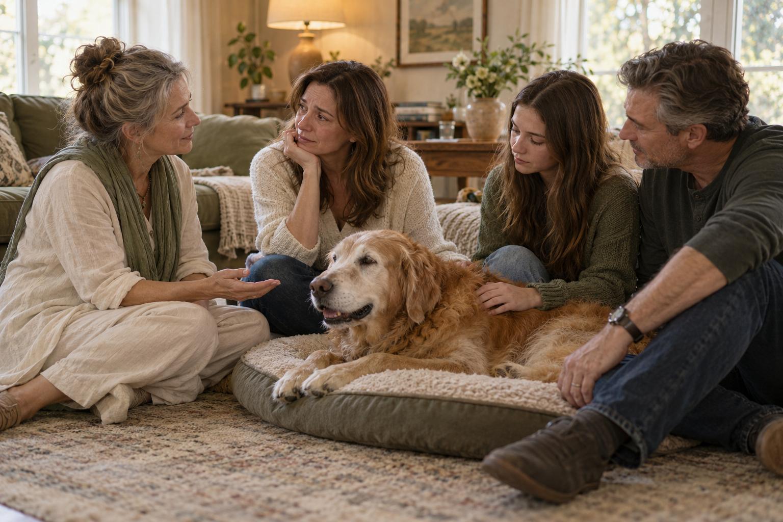 A family gathered beside their elderly golden retriever with compassionate support
