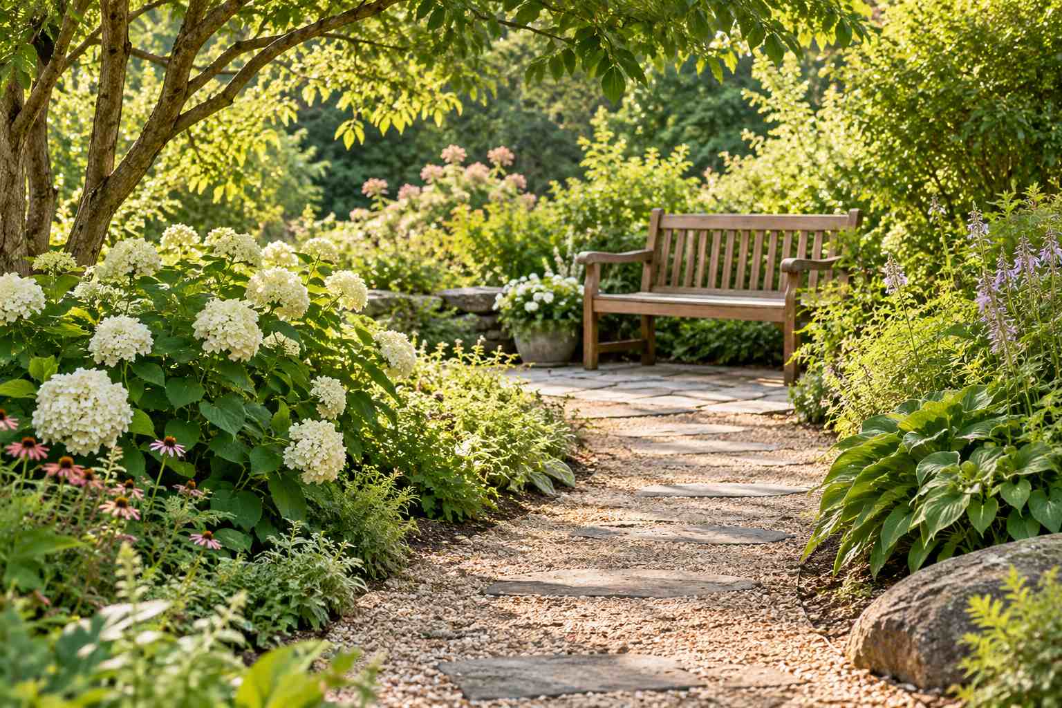 A sunlit garden path leading to a welcoming bench among flowers and greenery