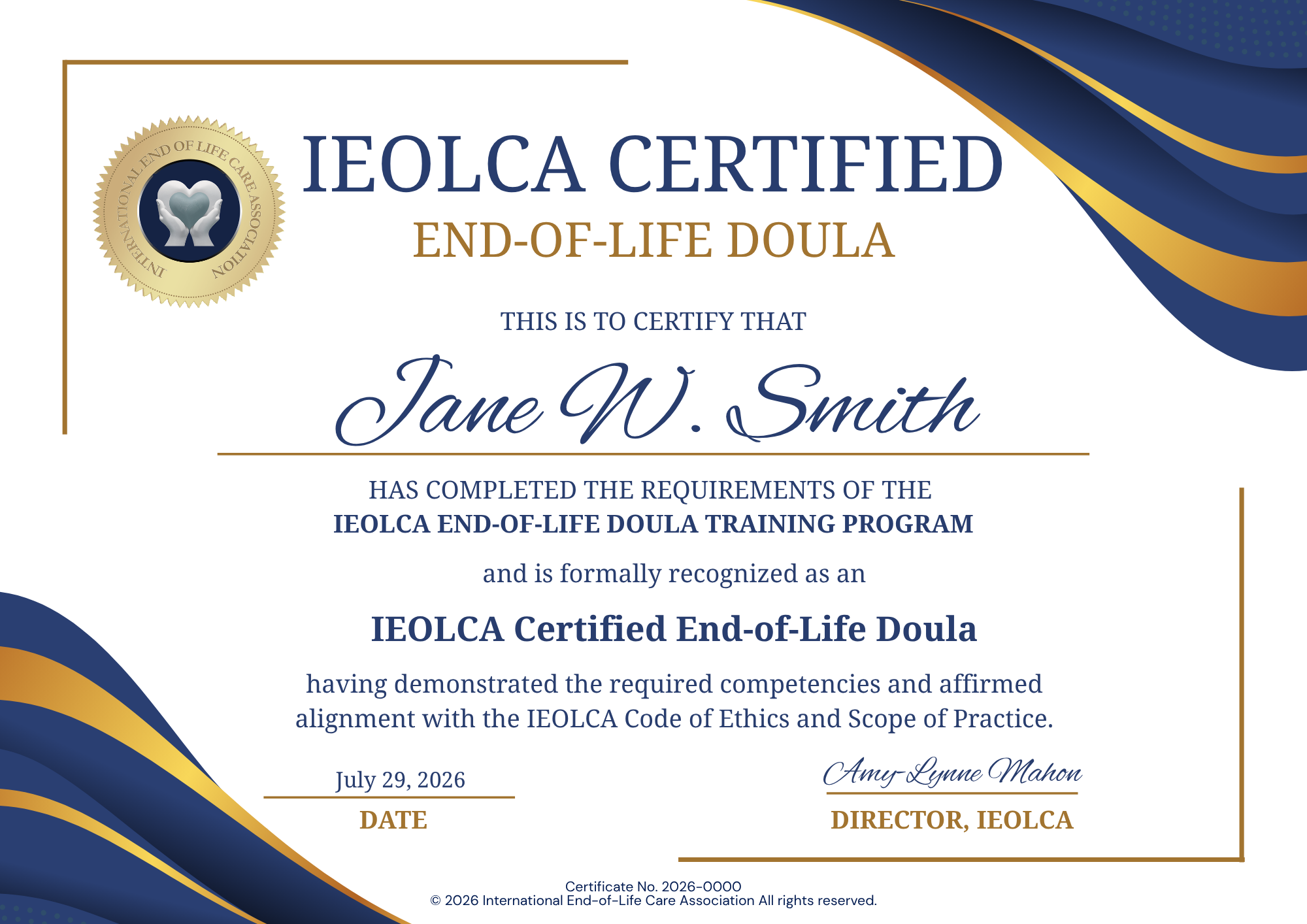 Sample IEOLCA Certified End-of-Life Doula certificate