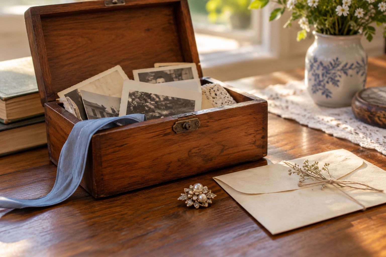 An open wooden keepsake box with photographs and letters