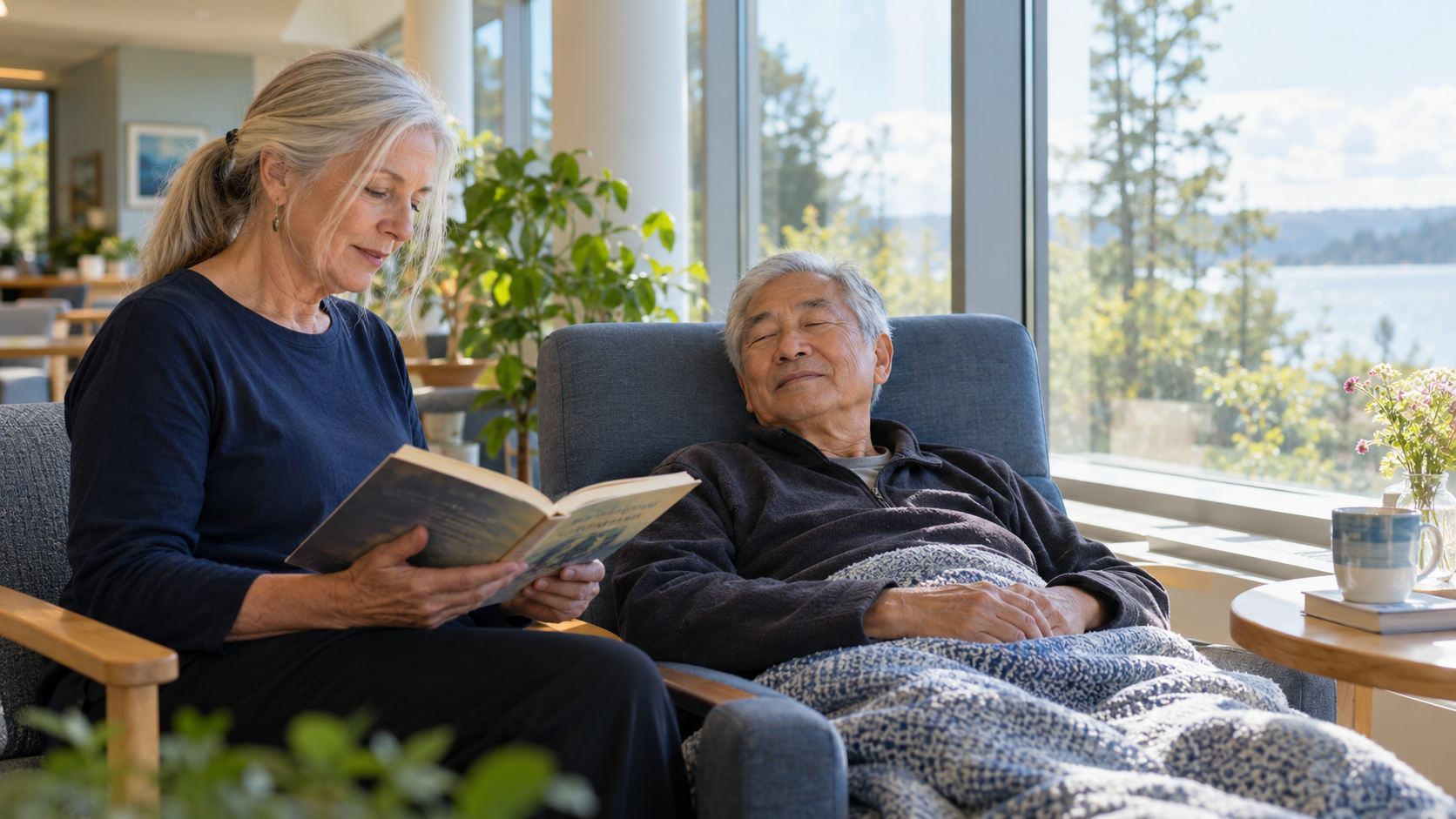 A companion reading poetry by the window with an older man