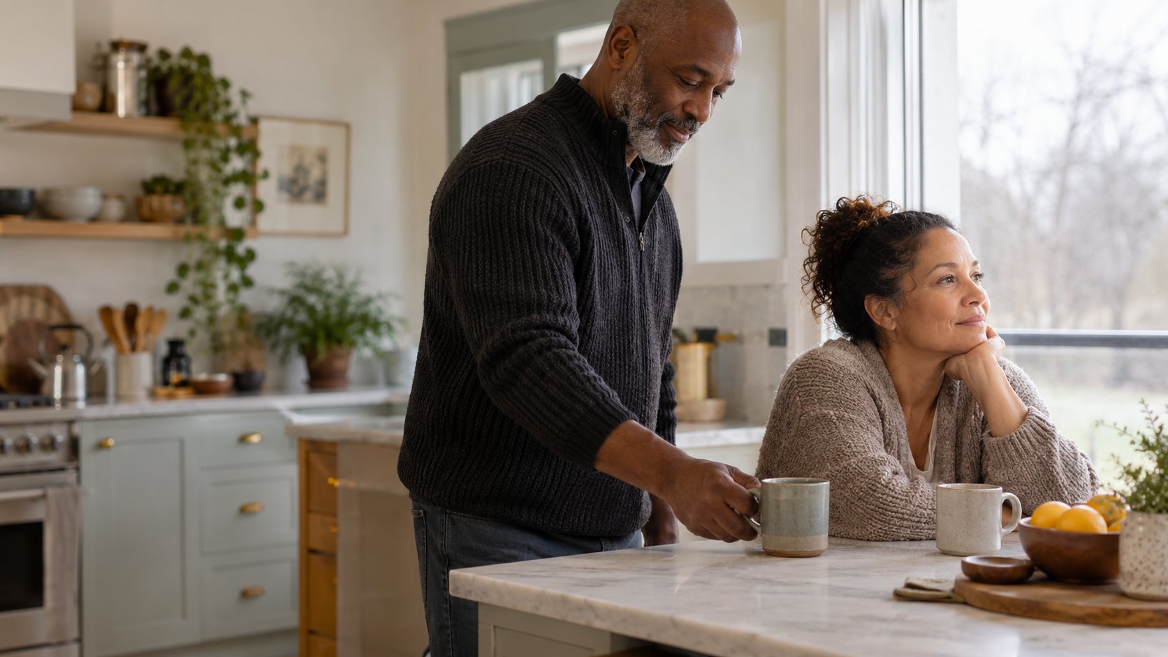 A quiet moment of care and support in a family kitchen