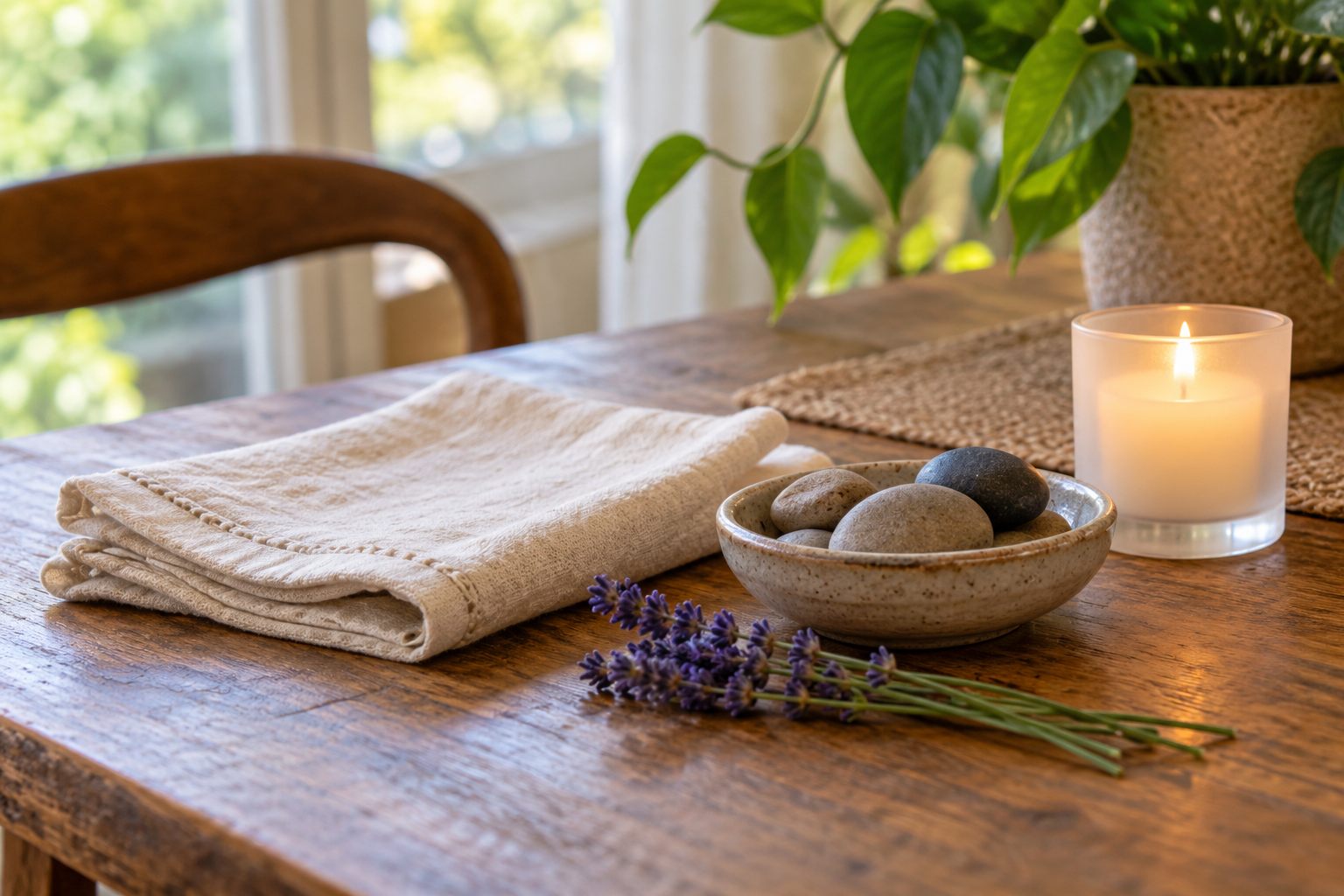 Folded linen, lavender and a candle arranged for a quiet ritual