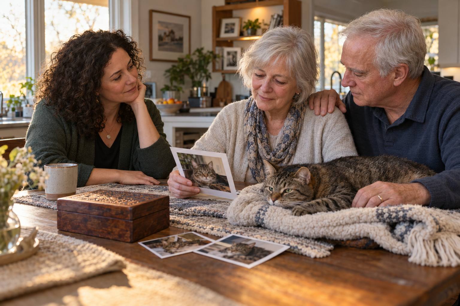 A doula sharing memories of a beloved cat with a couple at home