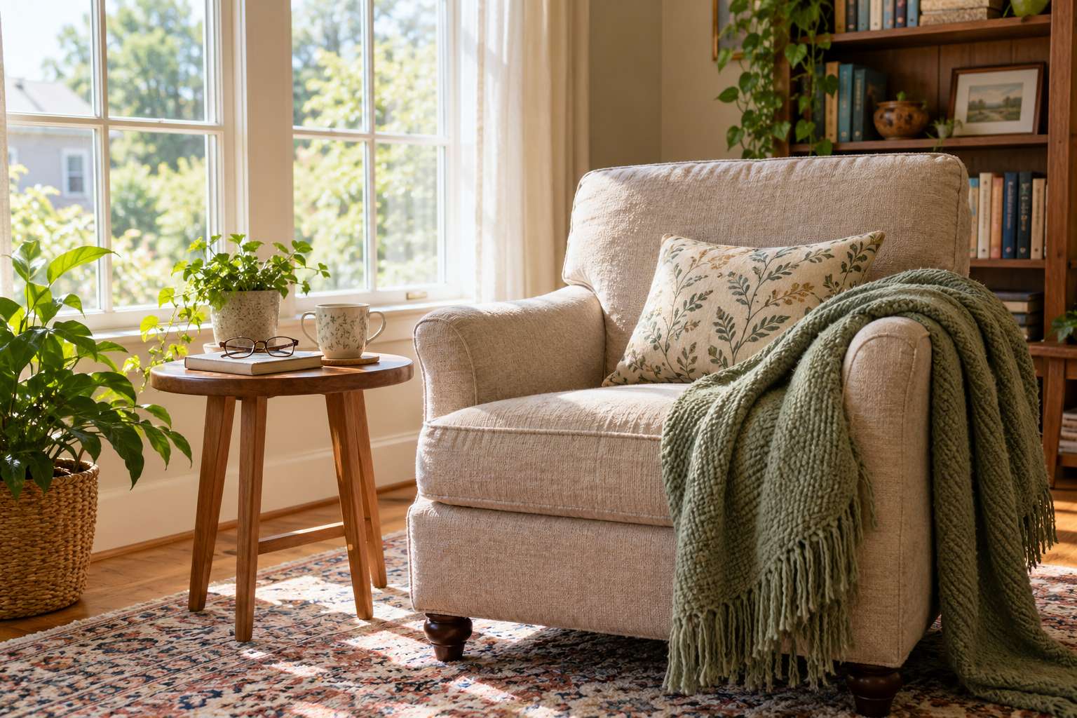 An inviting armchair with tea and a sage blanket beside a sunny window