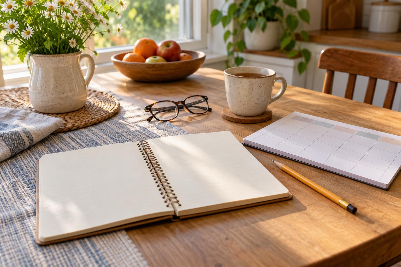 An open notebook, pen, and tea on a sunlit planning table