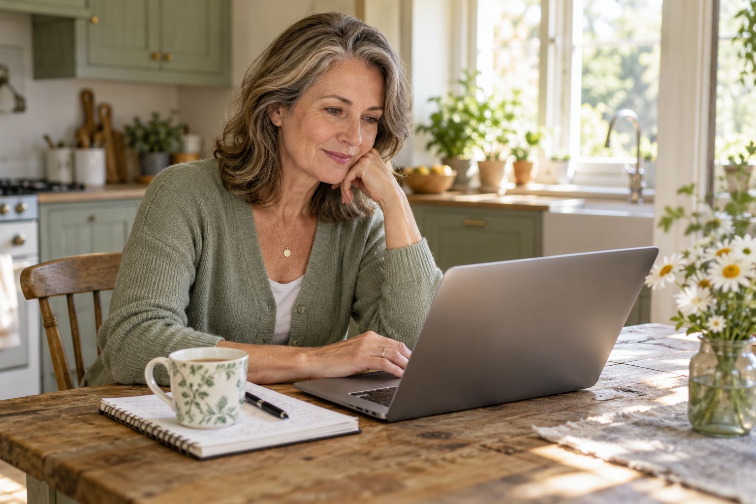 A doula planning her practice at the kitchen table
