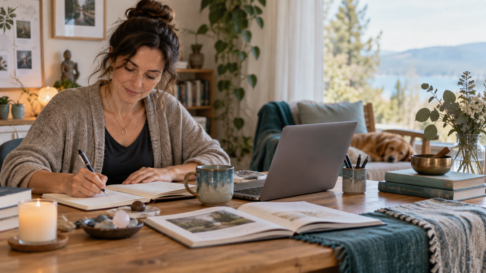 A reflective learning space with writing materials, professional resources, and online study.