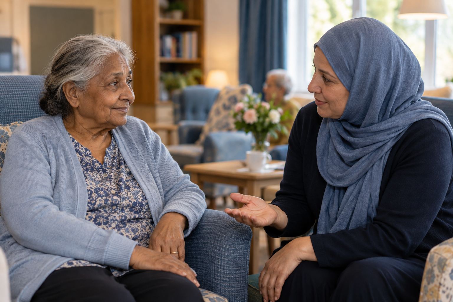 An older woman and a companion sharing a conversation in a comfortable lounge