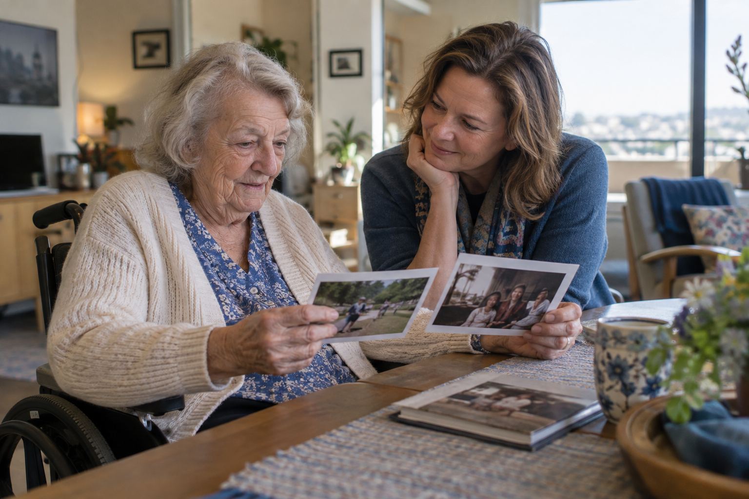 An older woman and companion looking through photographs together