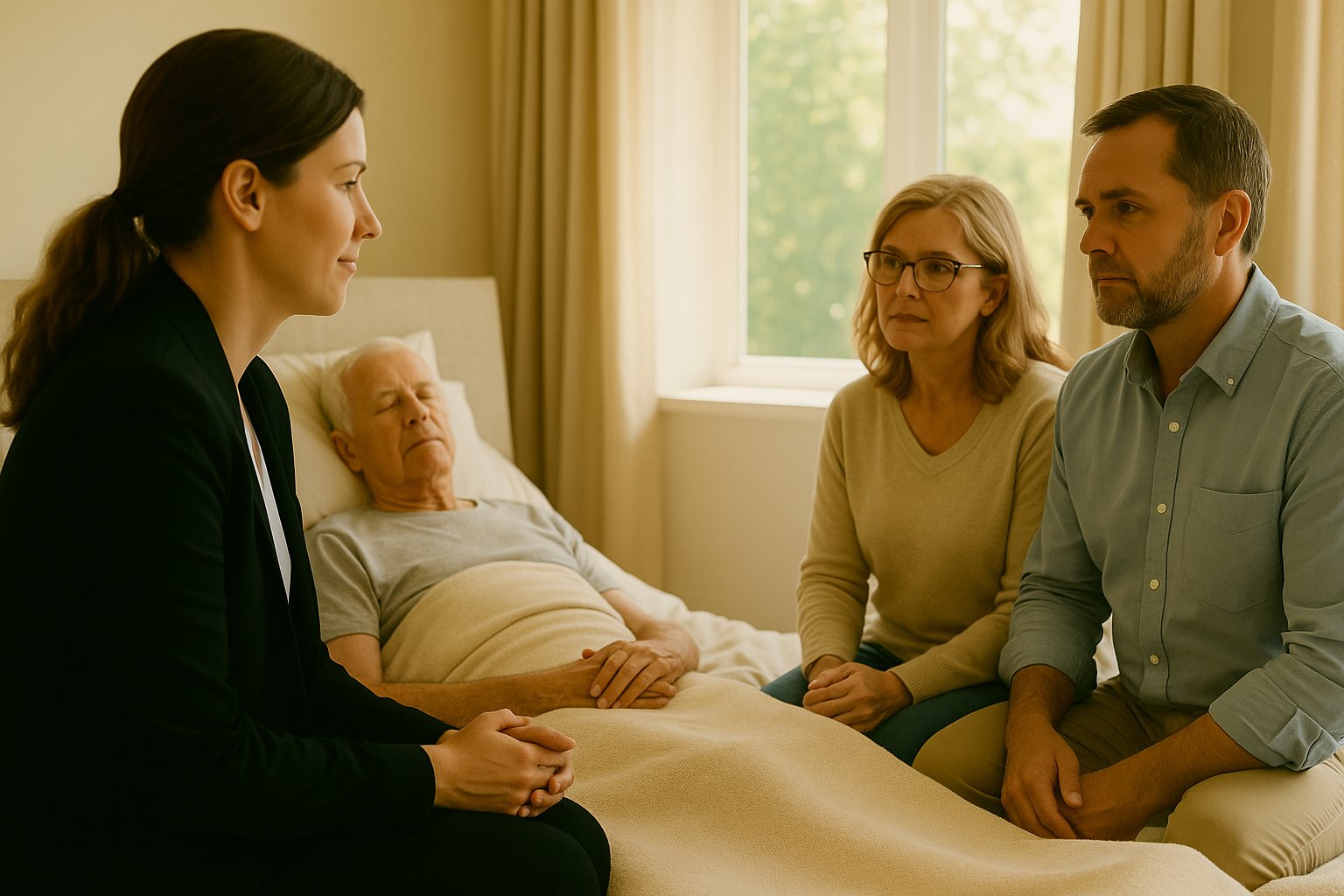 Death doula offering calm support during Medical Assistance in Dying (MAiD).