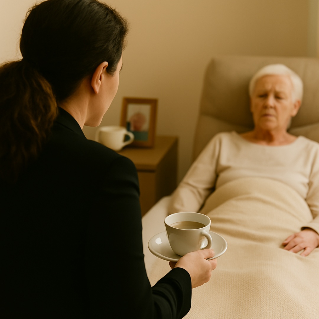 End-of-life doula offering a cup of warm tea with care and presence
