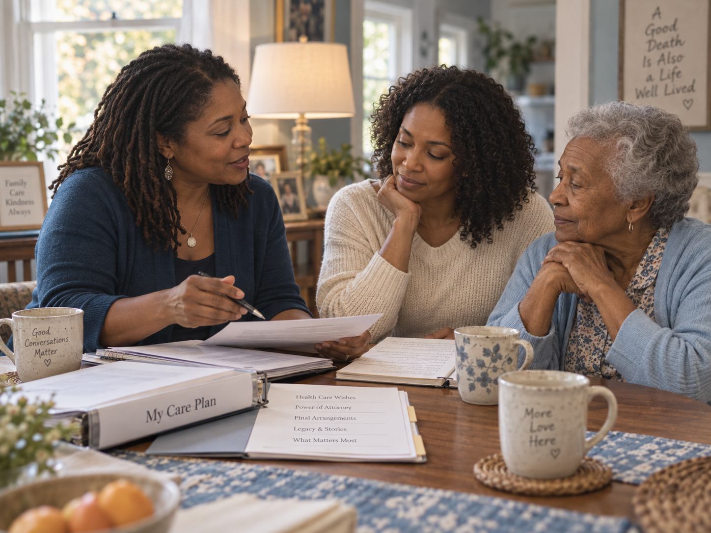An end-of-life doula and family reviewing plans together at the table