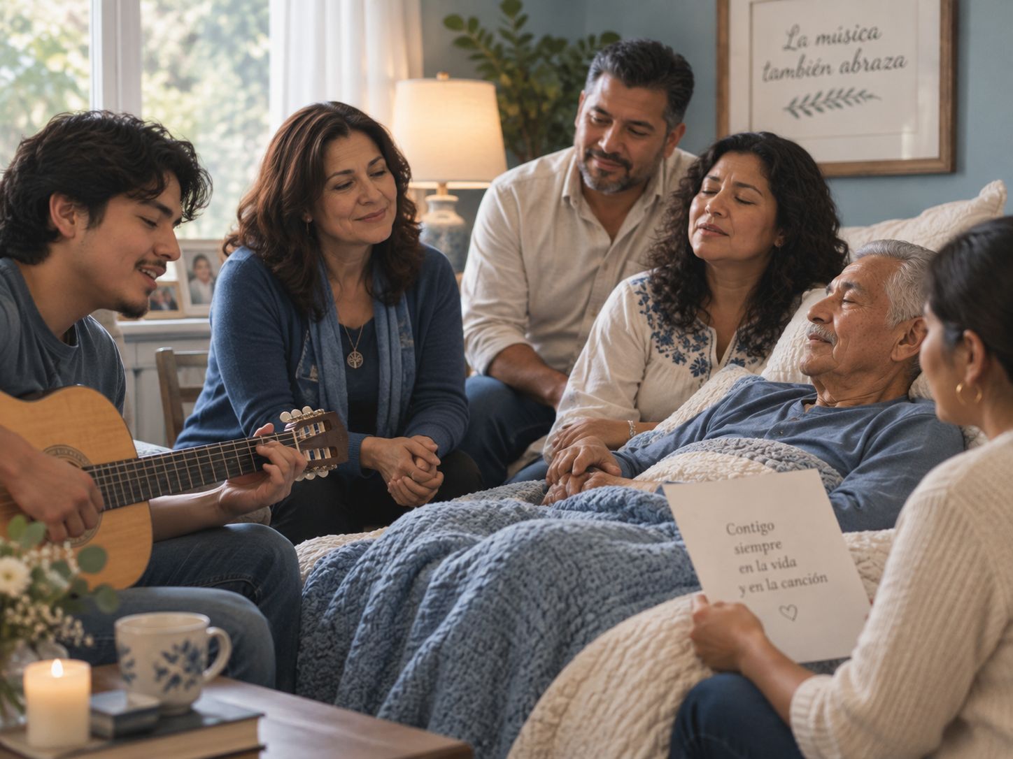 A culturally diverse family and end-of-life doula sharing conversation and meaningful time at the bedside