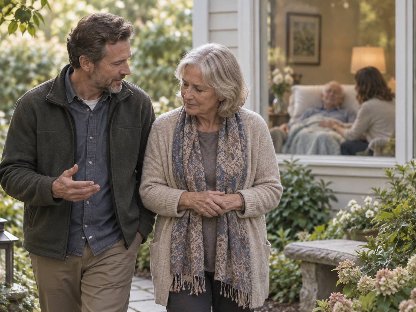 An end-of-life doula walking outdoors in conversation with an older adult
