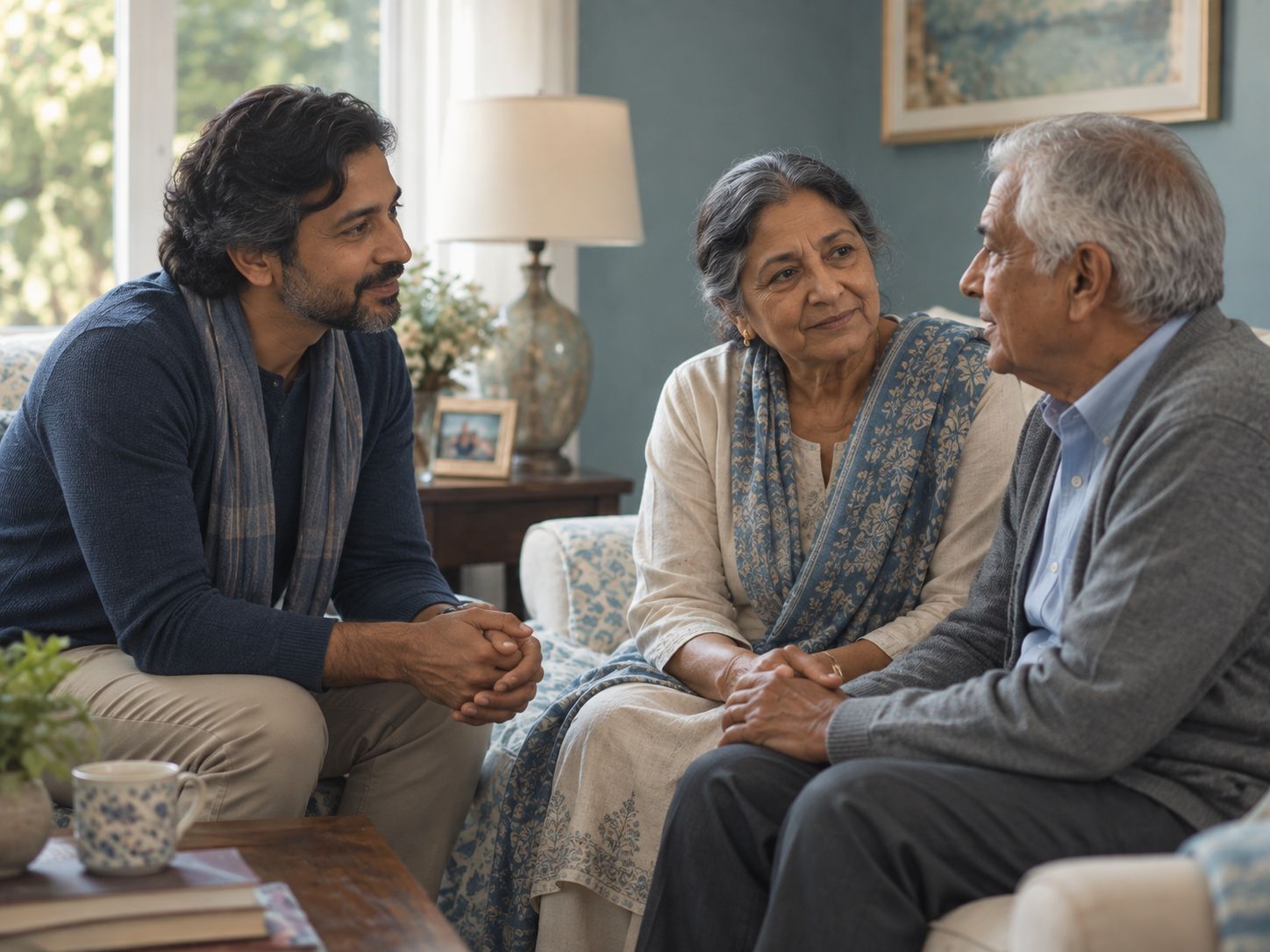 End-of-life doula supporting a family during life review and memory sharing.