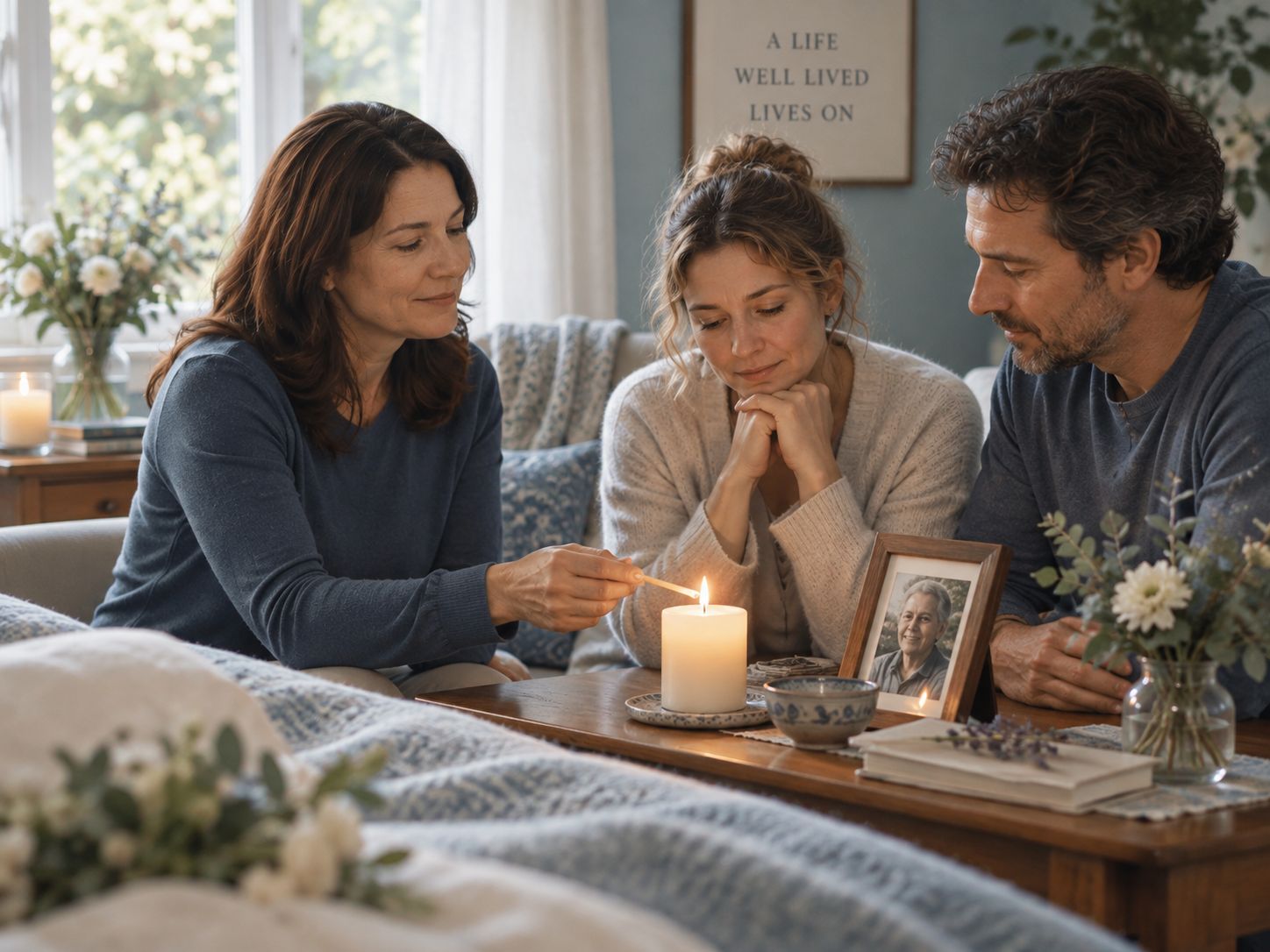 People gathered around a table in a supportive home conversation