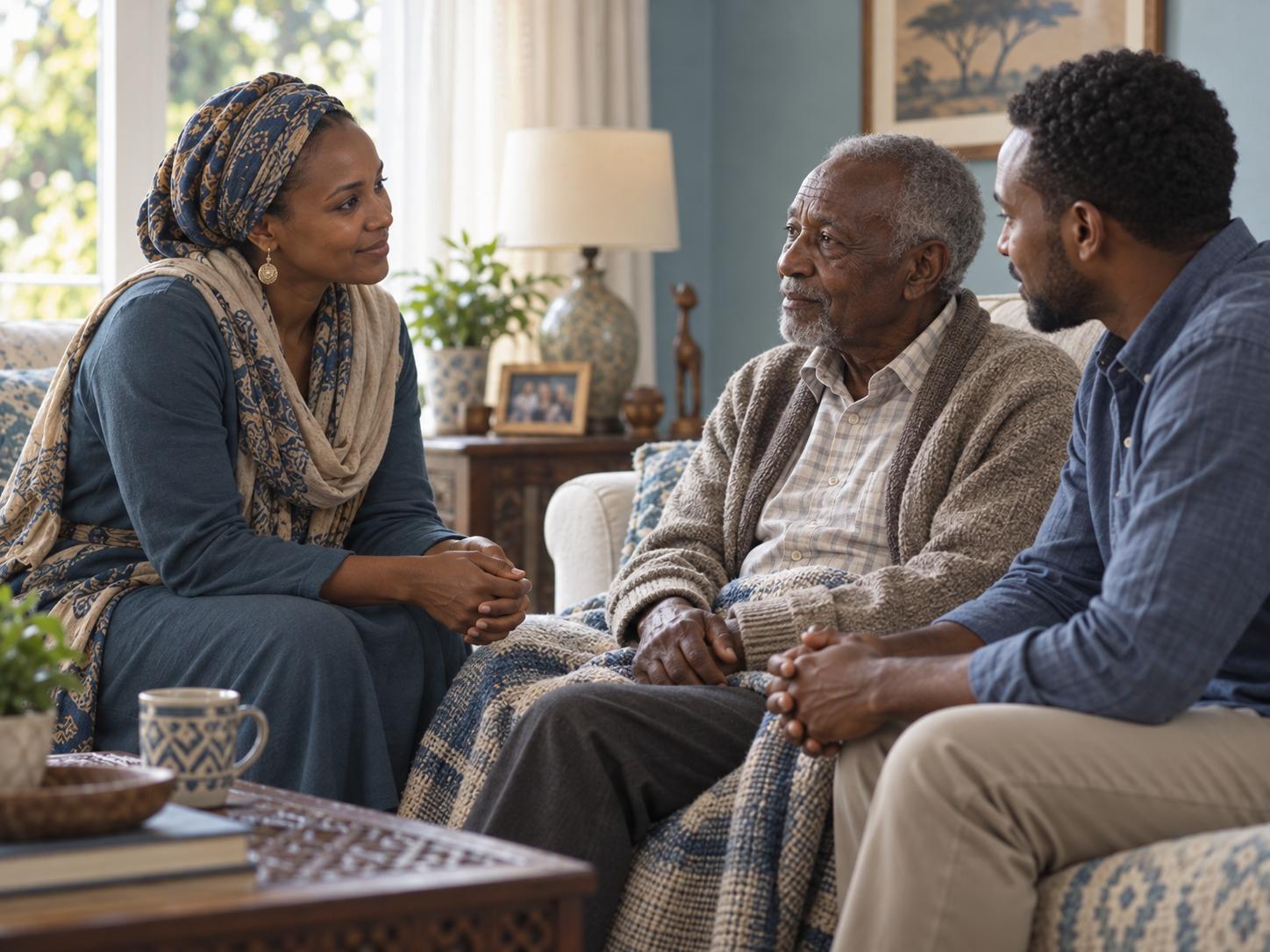 A small group sharing calm conversation in a home setting