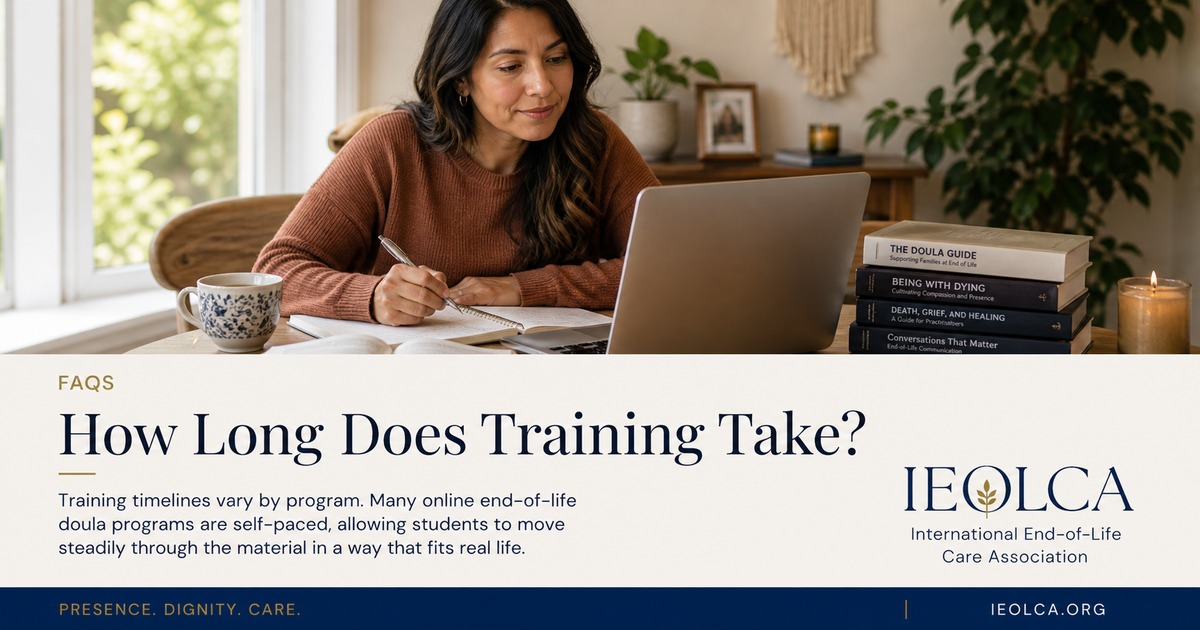 A learner reviewing end-of-life doula training materials at a comfortable pace