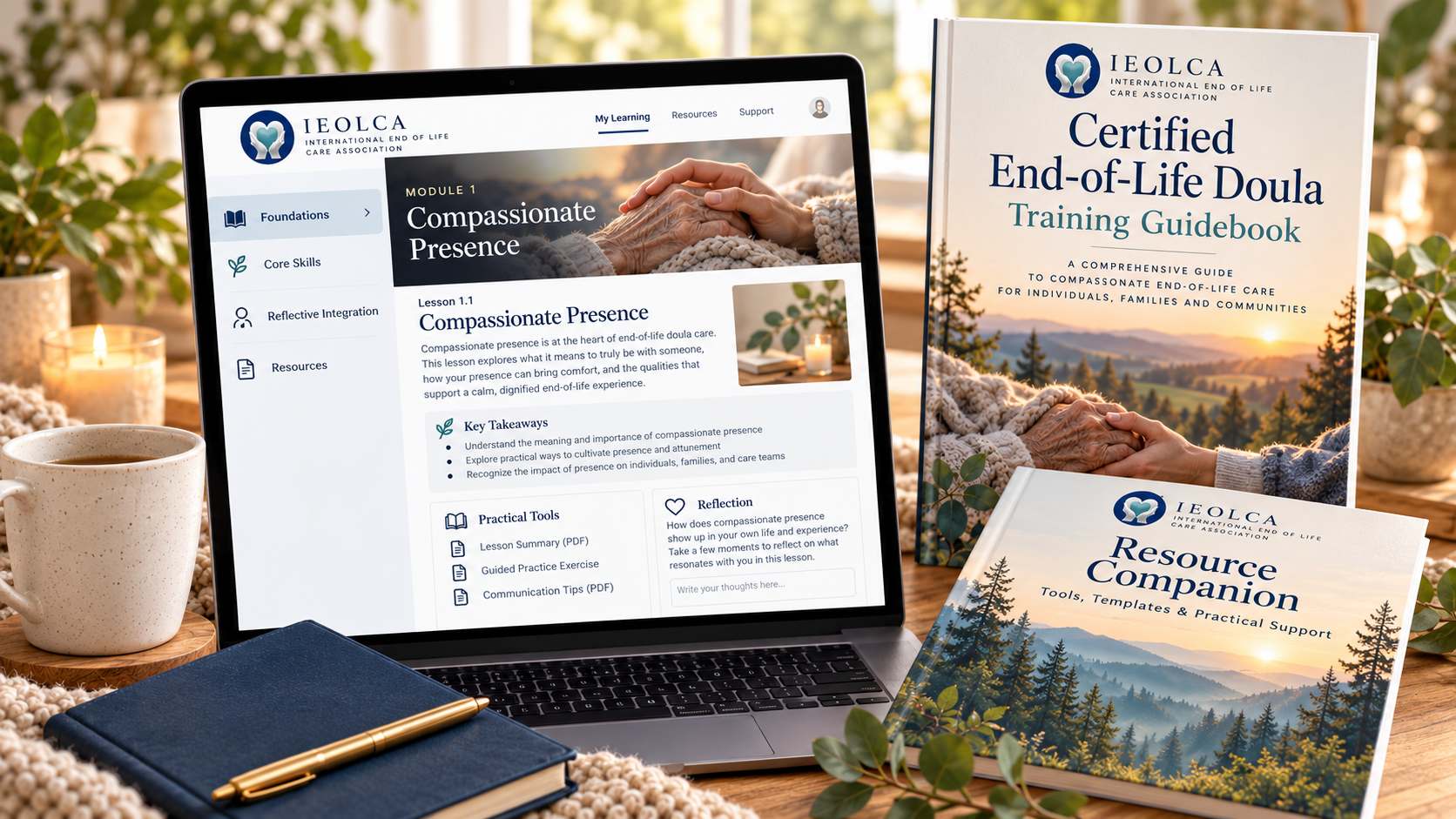 Illustrative IEOLCA End-of-Life Doula course mockup showing online learning, the Training Guidebook, and Resource Companion