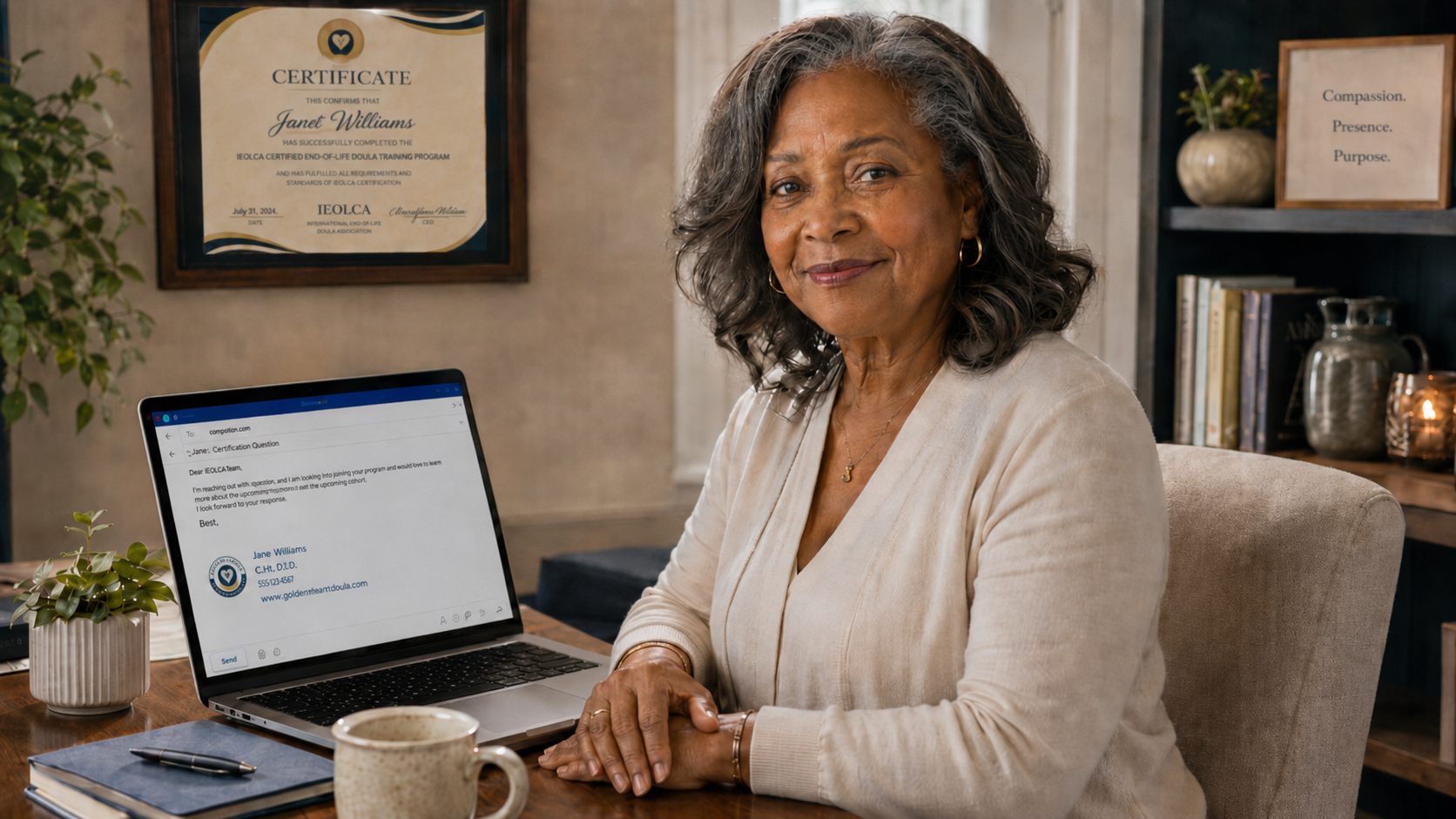 IEOLCA graduate holding her Certified End-of-Life Doula certificate