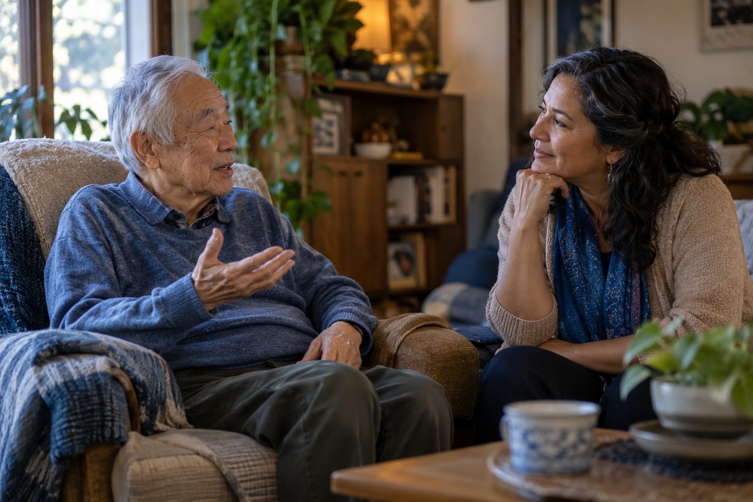 A doula listening to an older adult in a comfortable living room