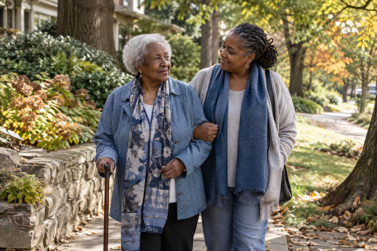A woman walking arm in arm with her elderly mother