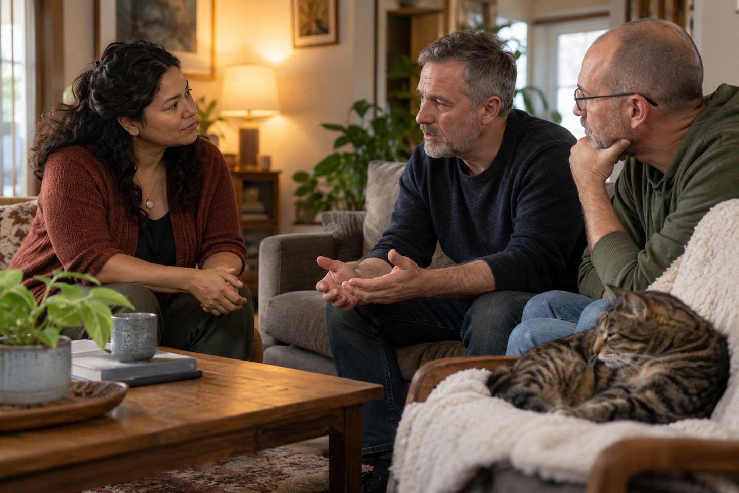 A doula talking with a couple at home, their cat resting beside them