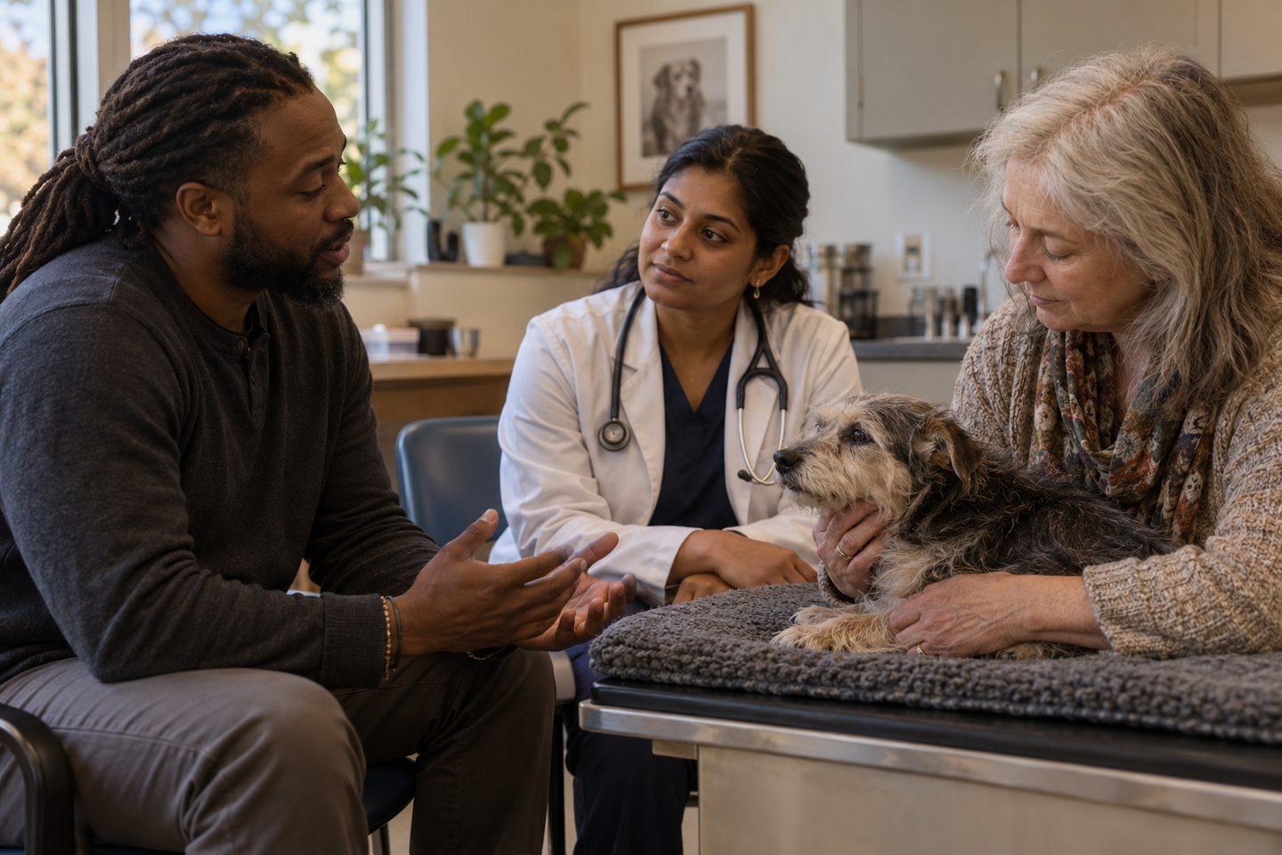 A veterinarian talking with two people beside their resting dog
