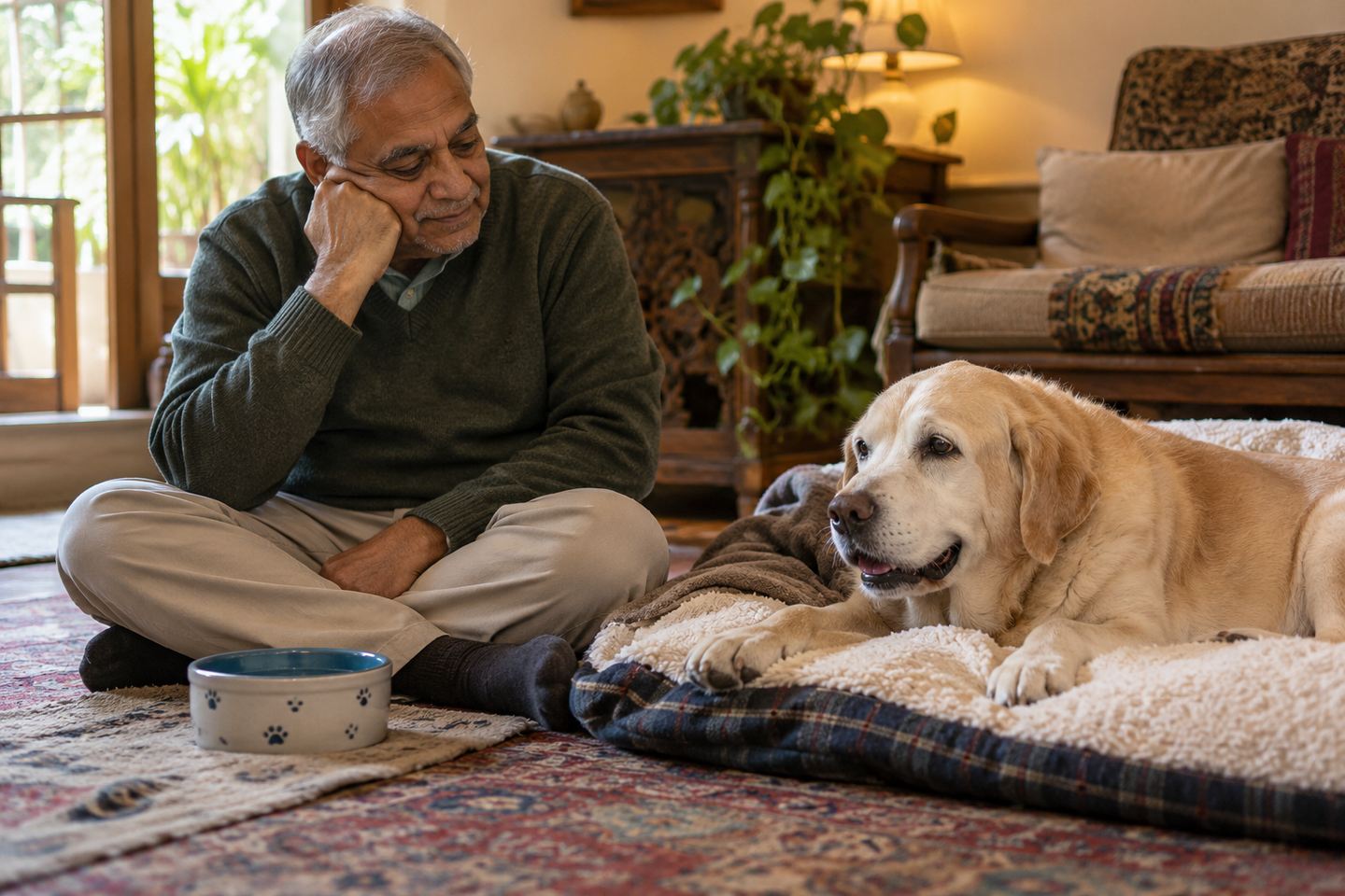 An older man sitting at home beside his resting dog