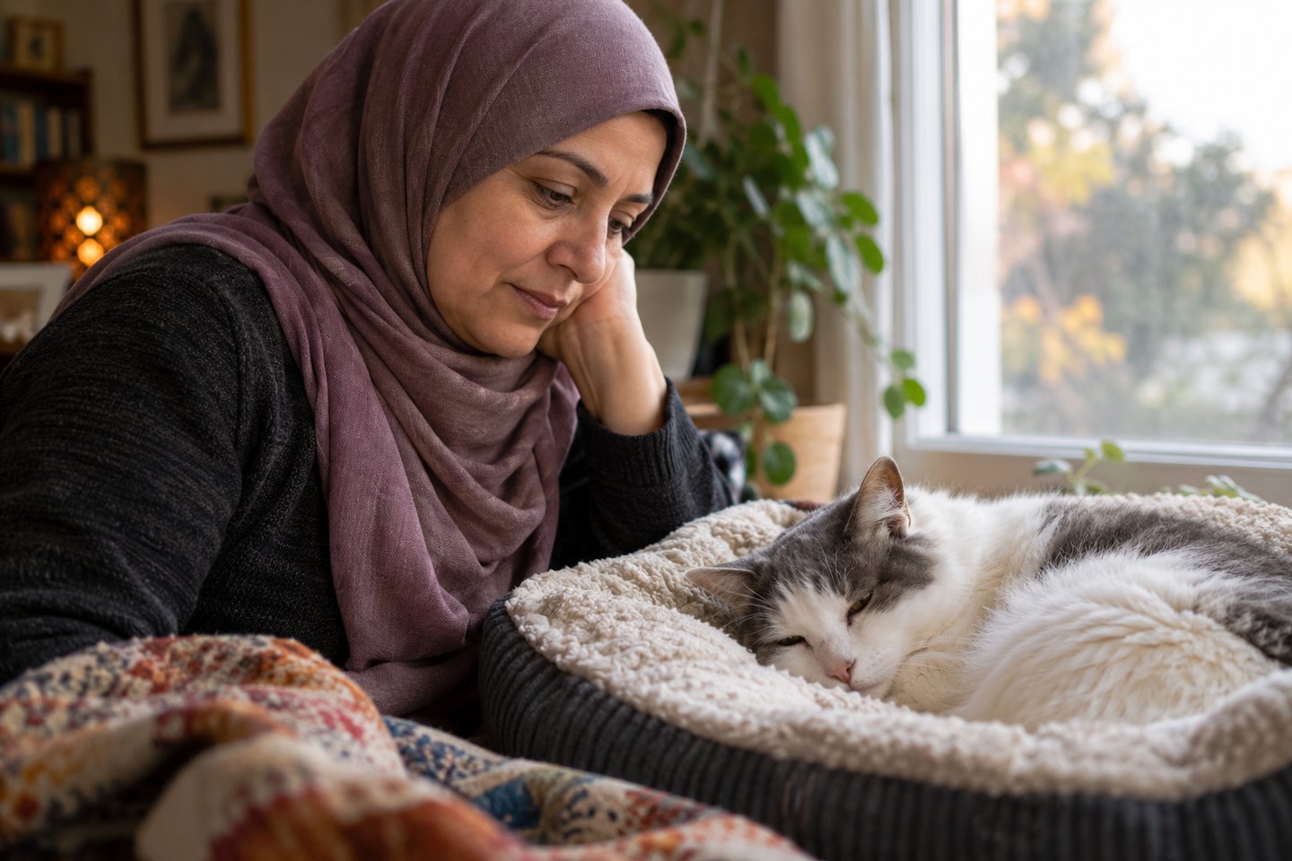 A woman sitting quietly beside a resting cat, with her hand gently on the cat