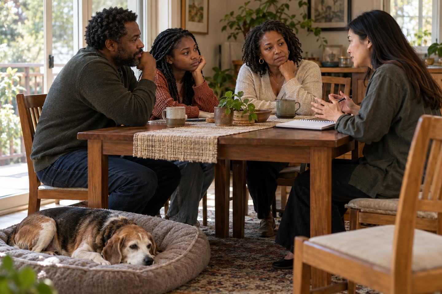 Family having a thoughtful conversation about a companion animal