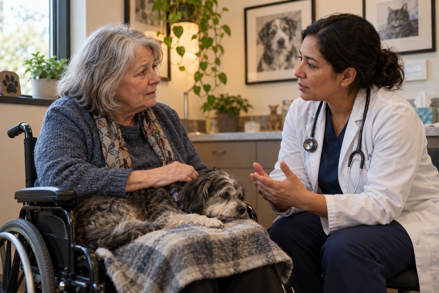 An older woman in a wheelchair talking with a veterinarian beside her resting dog