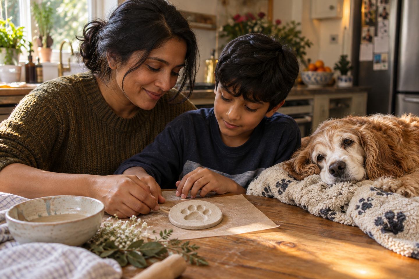 Family creating a paw-print keepsake