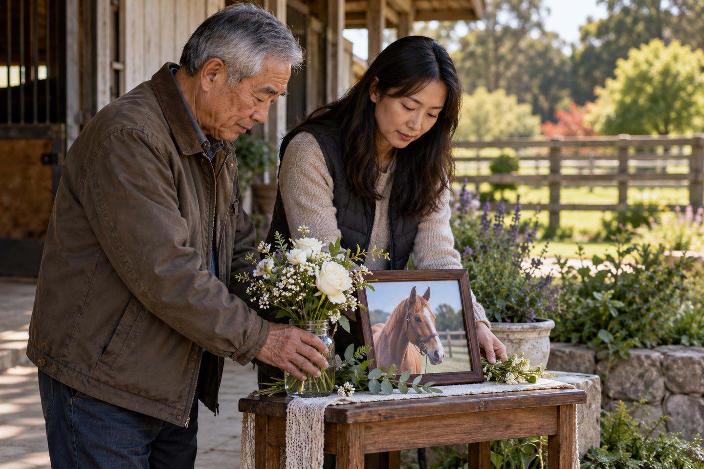 Two people sharing a quiet remembrance in a garden