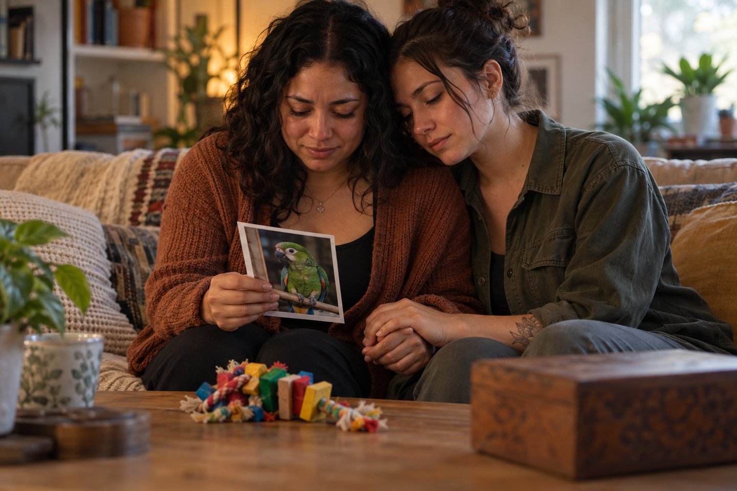 Two people looking at a photograph of a small companion animal together