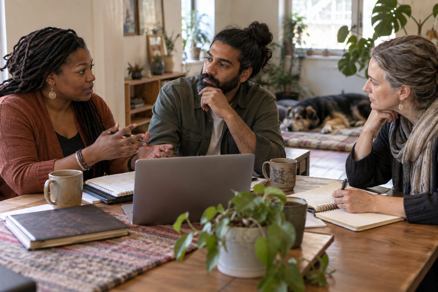 Three people discussing plans around a table