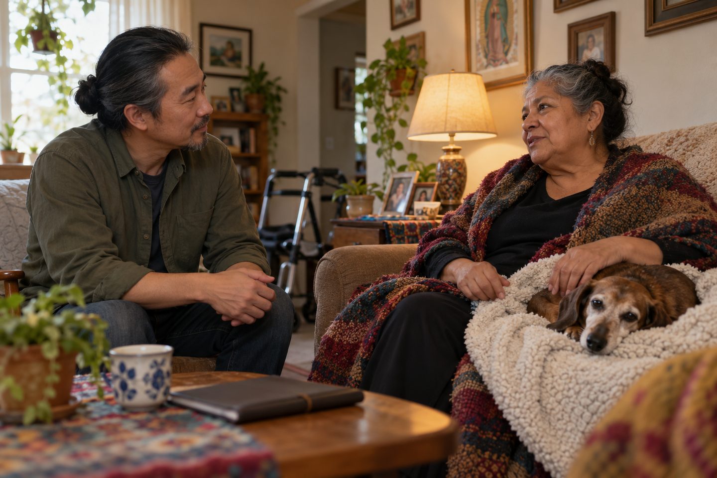 A supportive conversation at home with a woman and her resting senior dog.