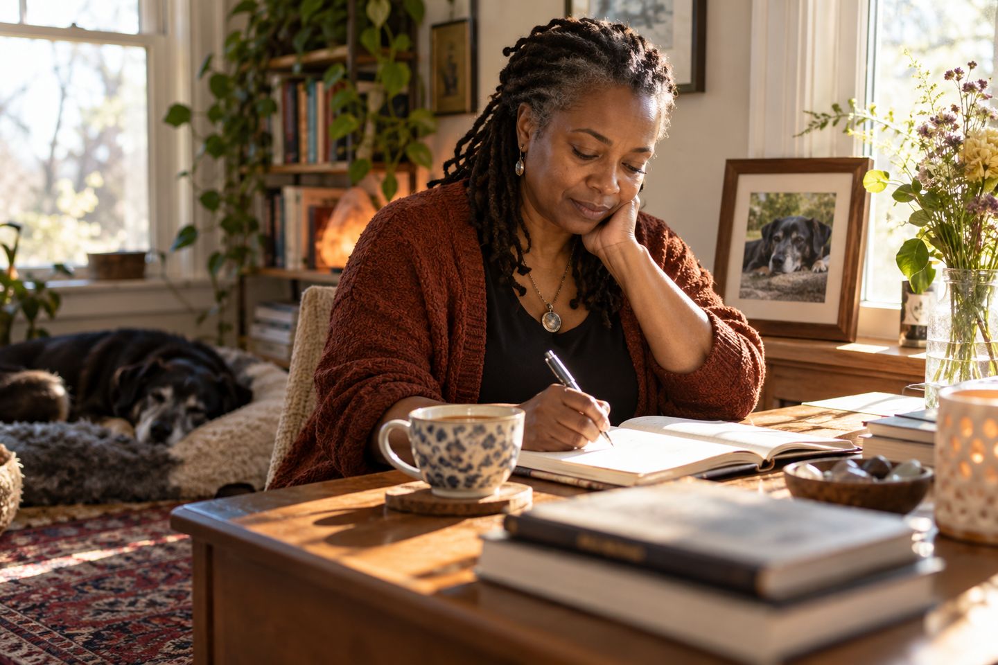 A woman reflecting and writing in a journal at a table