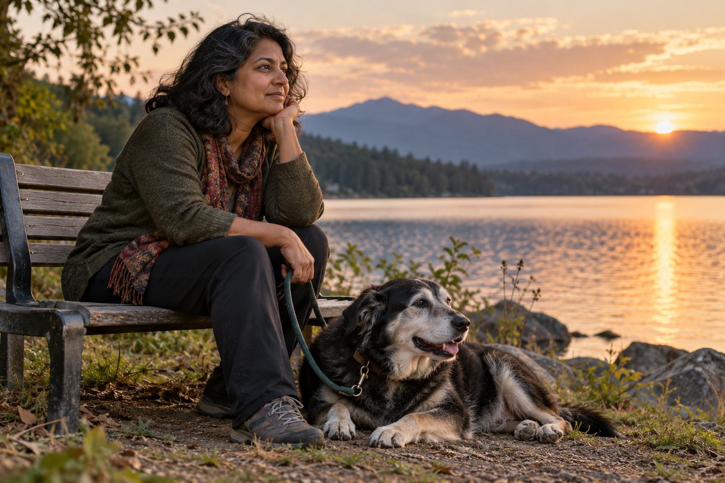 A woman sitting beside her dog near a lake at sunset