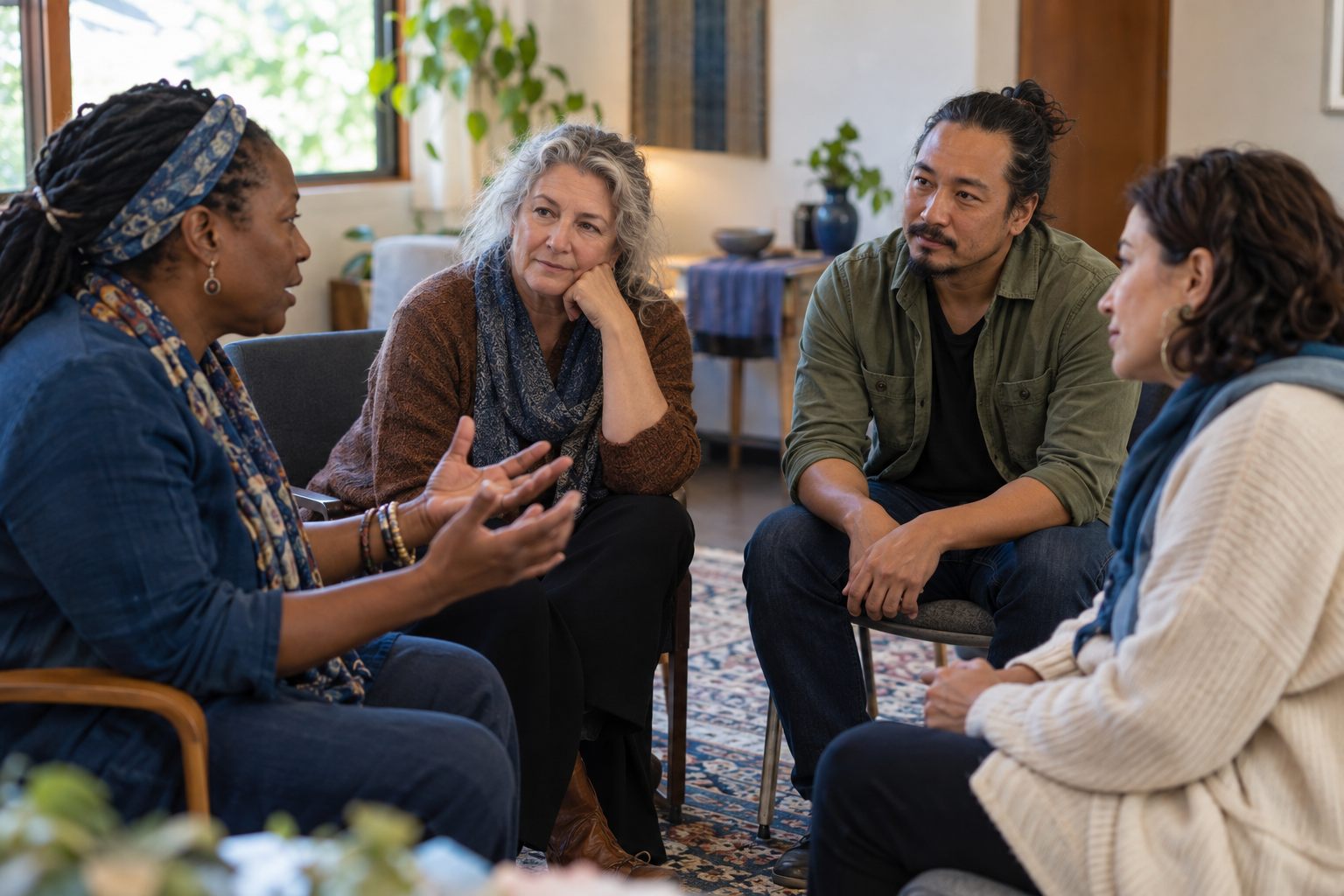 A small group of people from different backgrounds in a reflective conversation