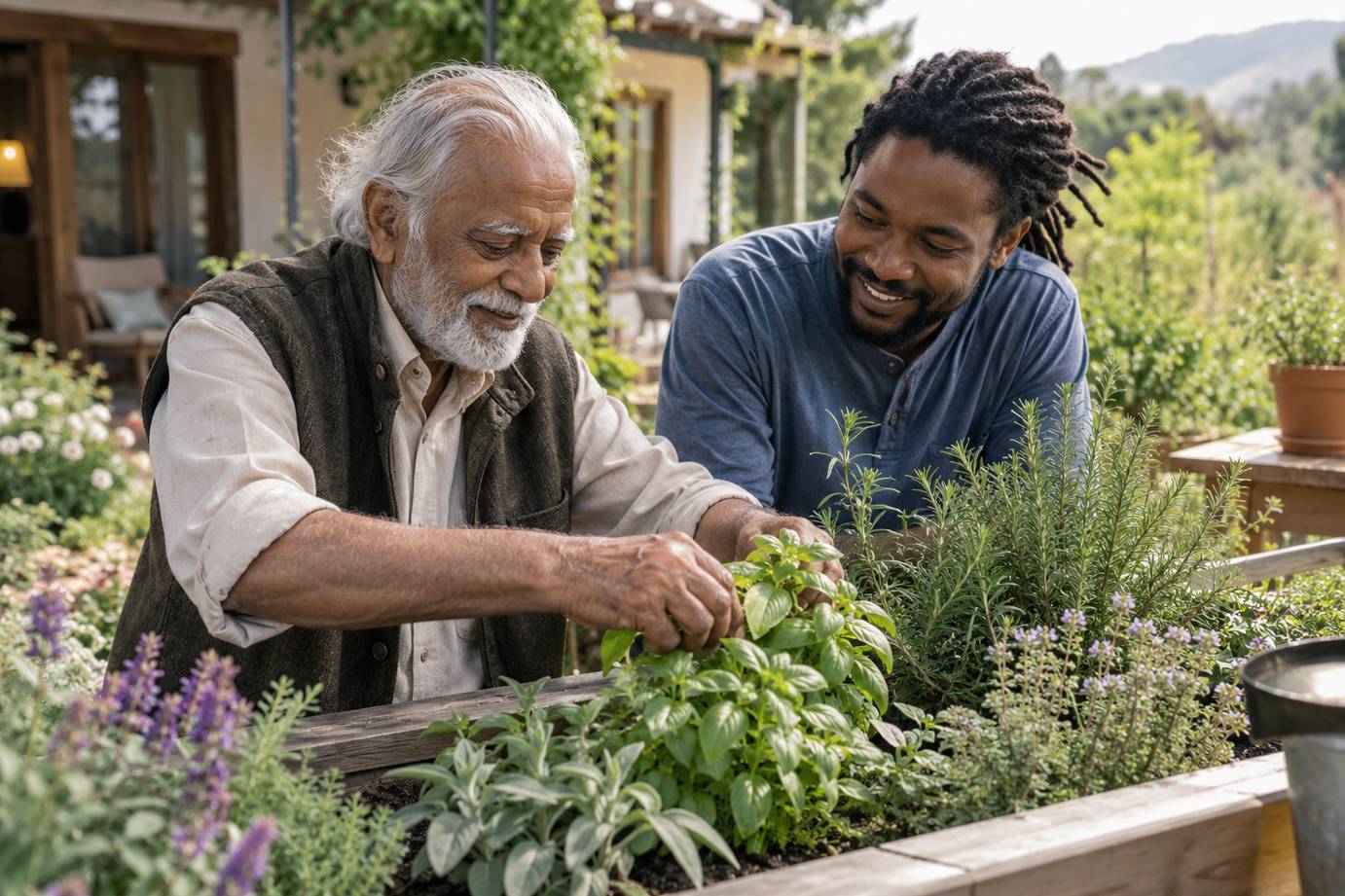 An older adult and companion tending plants together