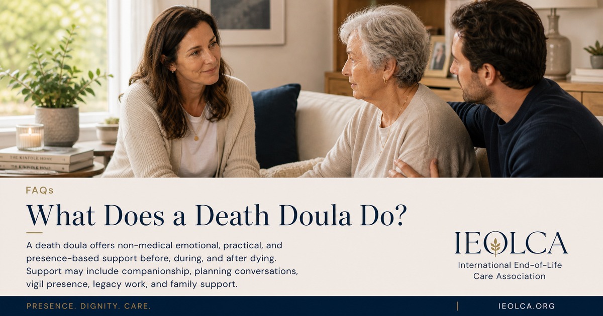 A death doula offering calm, non-medical support to a person and family
