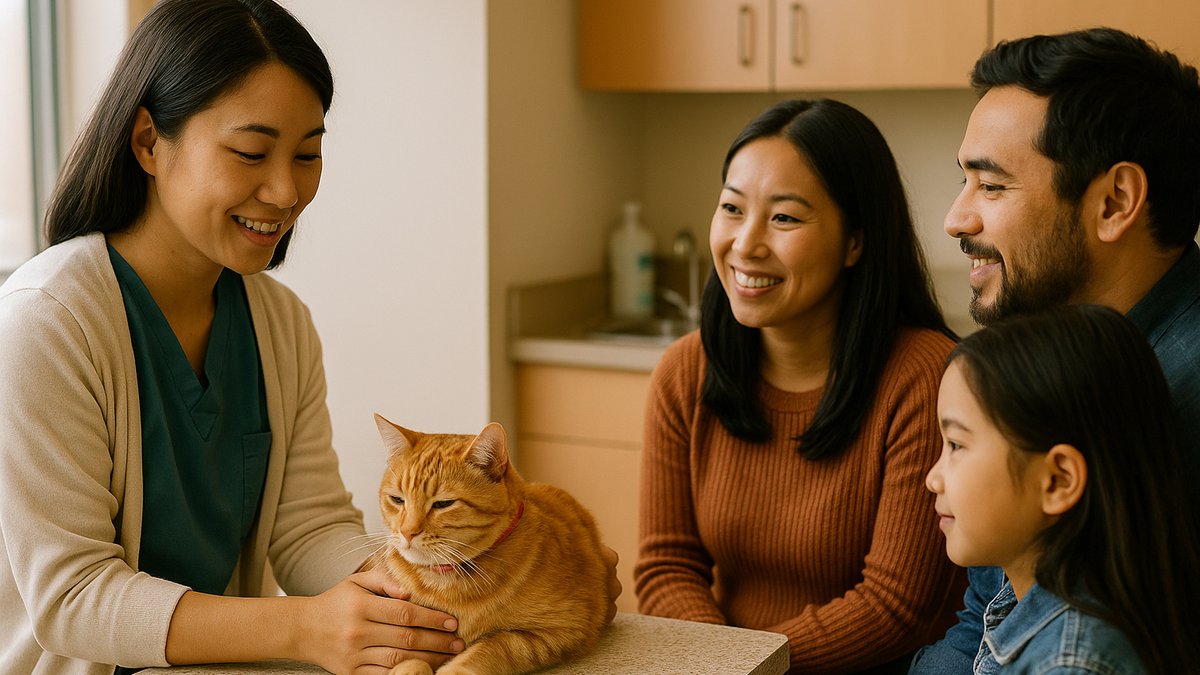 Person comforting a pet and its owner during end-of-life transition.